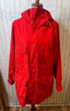 Vintage 80s Lanji Red Hooded Field Parka Jacket Utility Cargo China Size L